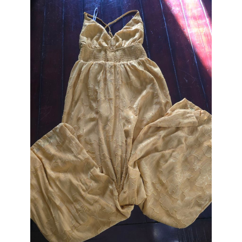 Women's Lulus Mustard Yellow Floral Chiffon Textured Wide Leg Jumpsuit Size L